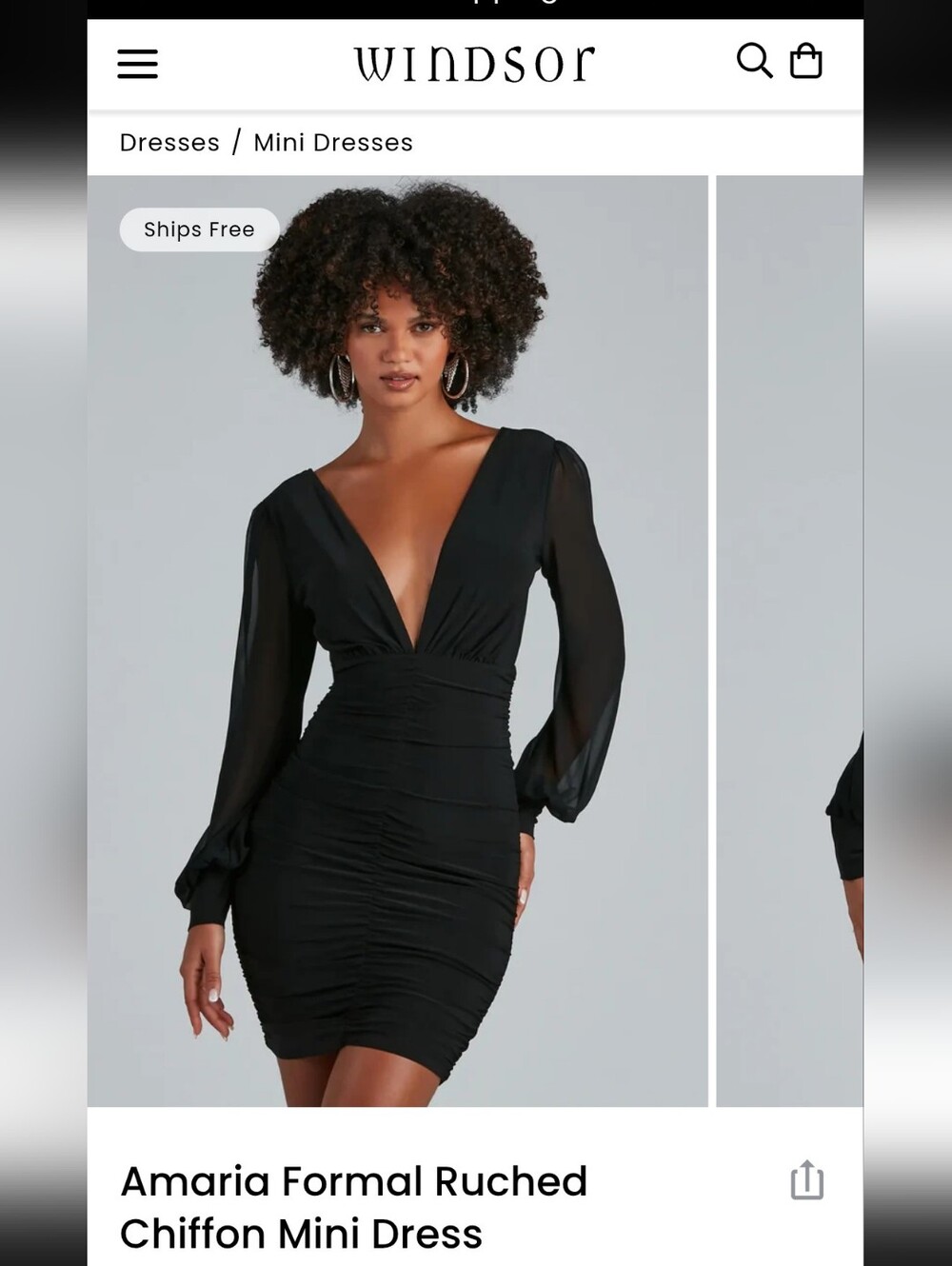 NWT Windsor Black Deep V Ruched Mini Dress